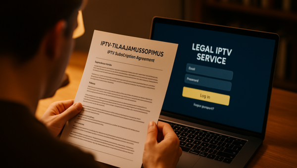 iptv laillisuus​ — iptv laillisuus tarkistus ennen tilauksen tekemistä, henkilö tutkii sopimusta kannettavan tietokoneen vier