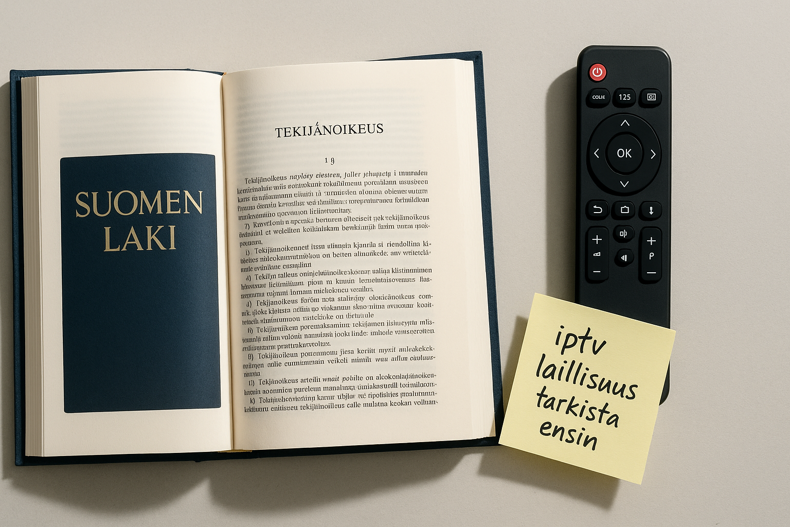 iptv laillisuus​ — iptv laillisuus ja tekijänoikeuslaki Suomessa, lakikirja ja kaukosäädin pöydällä ylhäältä kuvattuna