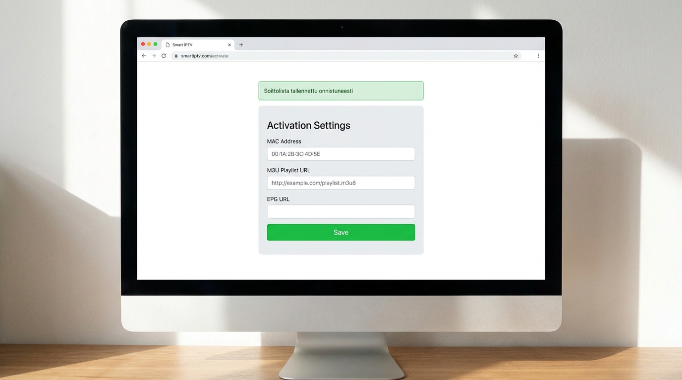 smart iptv​ — smart iptv -aktivointisivu selaimessa, jossa MAC-osoite ja M3U-soittolistan URL syötetty asetuksiin